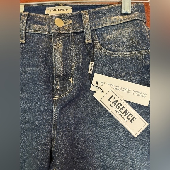 L'AGENCE El Matador Glitter-Coated Stretch Slim-Fit Jeans 32 Blue Raw Hem - Picture 16 of 16
